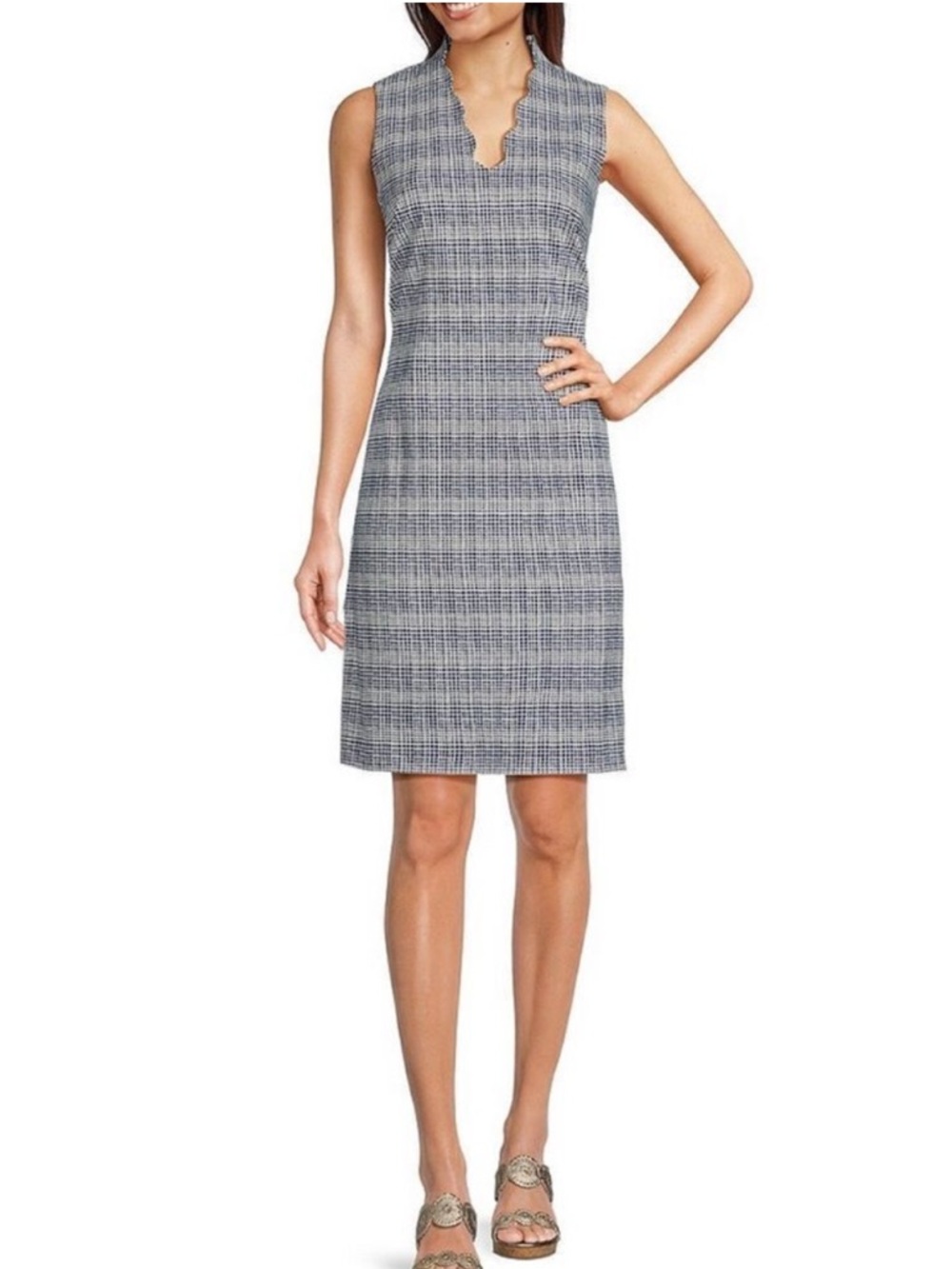 J. McLaughlin Vilma Sheath Dress in Blue Mod Matrix Scallop Stretch sz 2